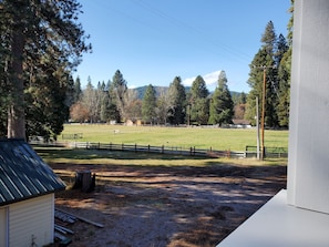 View of the pasture and the mountains to the west. 