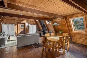 Open floor plan in the main living area with dining room and full bathroom.