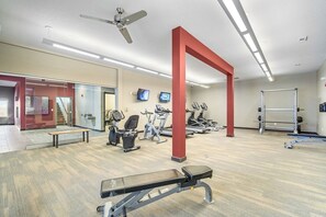 The lower level fitness center has plenty of equipment and is available 24/7.