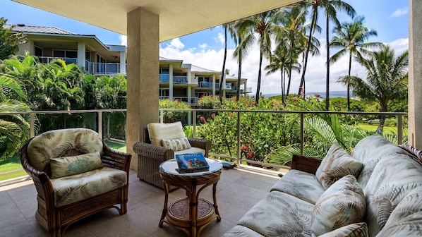 Relax and enjoy the lanai overlooking the tranquil garden
