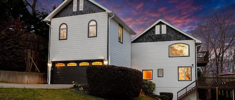 Exterior: front of the house and garage