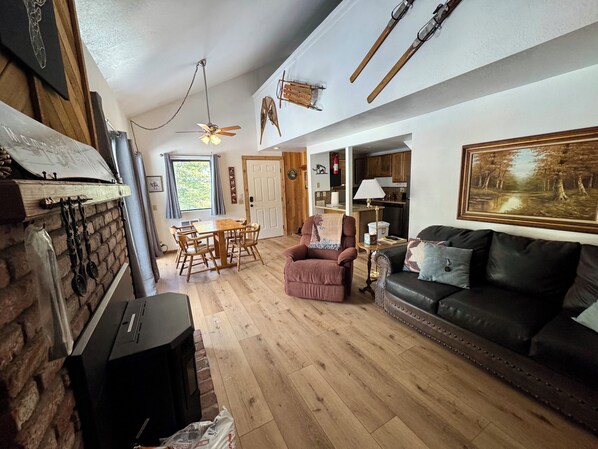 Main living area - Full Size Sofa Sleeper, Pellet Stove Fireplace & TV