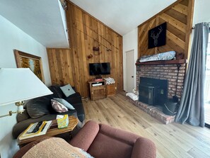 Main living area - Full Size Sofa Sleeper, Pellet Stove Fireplace & TV