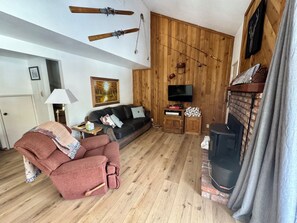 Main living area - Full Size Sofa Sleeper, Pellet Stove Fireplace & TV