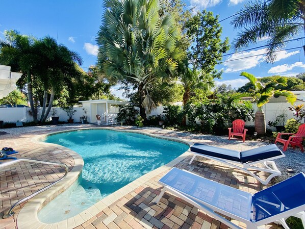 pool &  fenced backyard 