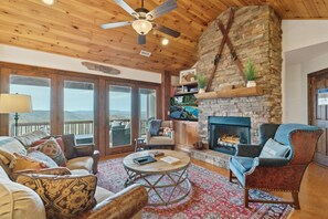 Living Room---Cozy Fireplace, TV and Mountain View