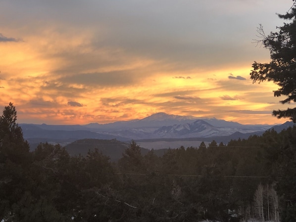 Ever changing view of Pikes Peak 14,115 foot elevation. View from the deck!