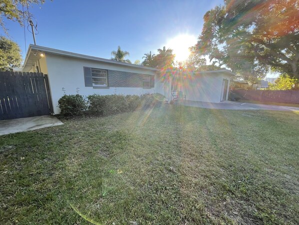 Spacious front yard; ample parking on a quiet street. 