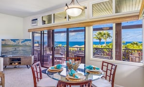 Dining area with spectacular ocean and mountain views