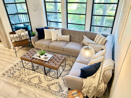 New sectional big enough to fit the everyone! Pull up an ottoman and get cozy.