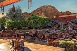 Beautiful patio with waterfall creating a serene atmosphere