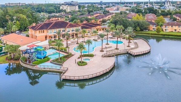 Beautiful view of pools, waterslide and the community