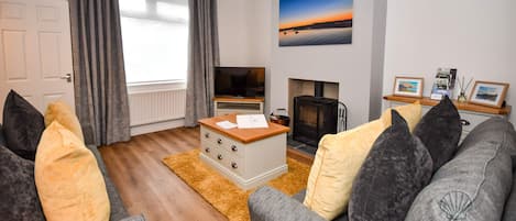 cozy living room with log burner and smart TV