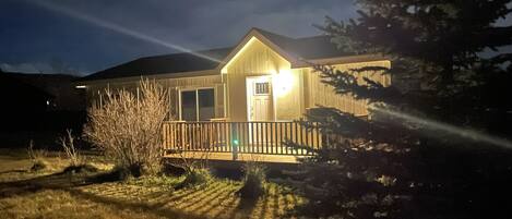 Front view of our Mountain Retreat Home on a November night. 