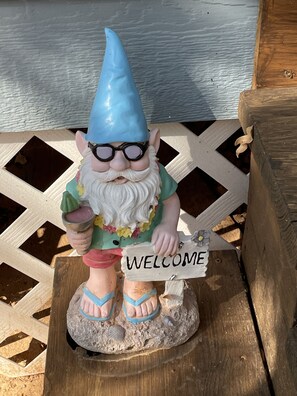 A whimsical welcome from our gnome.