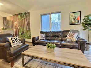 Lounge in luxury on our chic leather couch.
