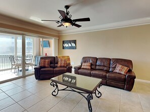 Living Room - Balcony Access, Water Views, Sleeper Sofa + TV