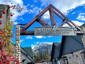Mystic Springs Chalets is a boutique resort with only 54 units, large swimming pool, hot tub, and an open concept court yard.