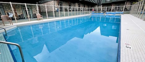 Largest outdoor swimming pool in Canmore located in a boutique resort with only 54 units.  The open air pool is heated and gated, open all year. No lifeguard on duty, swim at your own risk.