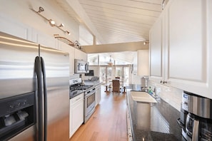 Kitchen is stocked with dishes, cooking, baking and meal prep gear. All standard large and small appliances included. See listing description for more details.