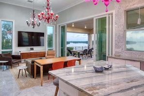 Livingroom with black and red Verano chandeliers