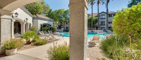 The photographer couldn't get a better picture of the pool because people were swimming