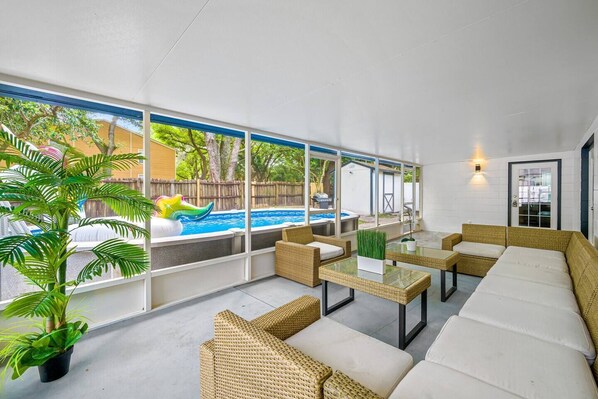 We have a great seating area where you can hang out while others are swimming! Make the most of your stay with our amazing heated pool while grilling steaks and burgers on the side. Book this property now!