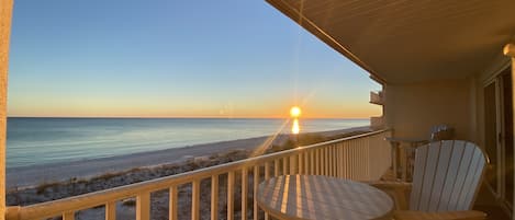 Spectacular beach front views from the wide balcony.