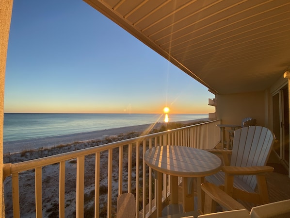 Spectacular beach front views from the wide balcony.