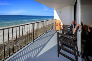 Enjoy your coffee or a cocktail while relaxing on the expansive balcony.