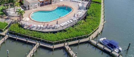 Aerial view of the community pool on the canal.  Dock rentals available, just ask.