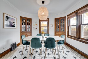 Stunning dining room table seats six comfortably