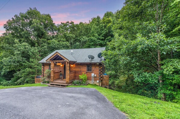 The cabin is tucked into trees and above a small seasonal creek bed.  