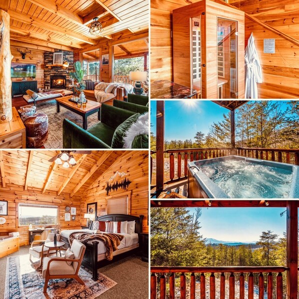 Cozy log cabin nestled in nature, offering breathtaking panoramic views