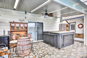 Patio | Hot Tub | Dry Bar