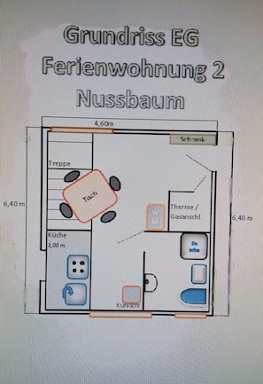 Grundriss EG-Wohnbereich EG ca. 6,40 x 4,60m. Auf kleinem Raum alles vorhanden.