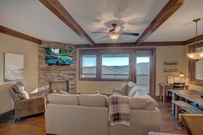 Living Room--- Cozy Fireplace, TV, Mountain View 