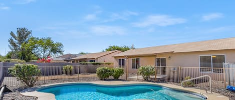 3ft to 5ft depth pool. Sit in the lounge chairs with a cold drink and catch some rays!