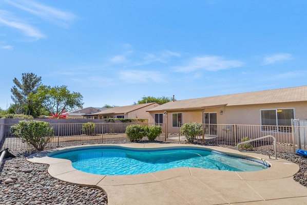 3ft to 5ft depth pool. Sit in the lounge chairs with a cold drink and catch some rays!