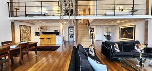 Open plan - Living room, dining plus 2 bedroom upstairs overlook the living area