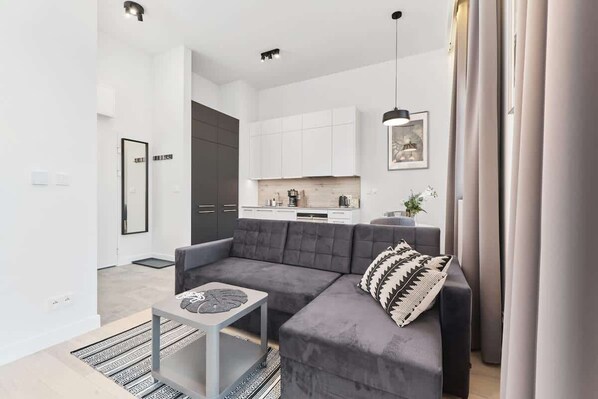 The living area features a sleek coffee table and a flat-screen television.