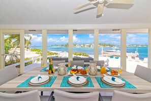 Screened porch with dining table and waterfront views. 