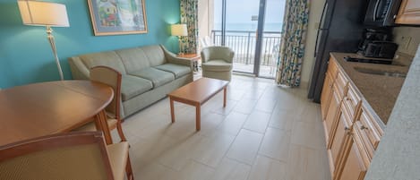 - Bright & inviting space with ocean views, perfect for unwinding after a fun day - Well equipped kitchen lets you prepare meals with ease while enjoying the open layout - Step onto the balcony & enjoy the refreshing sea breeze with a stunning view