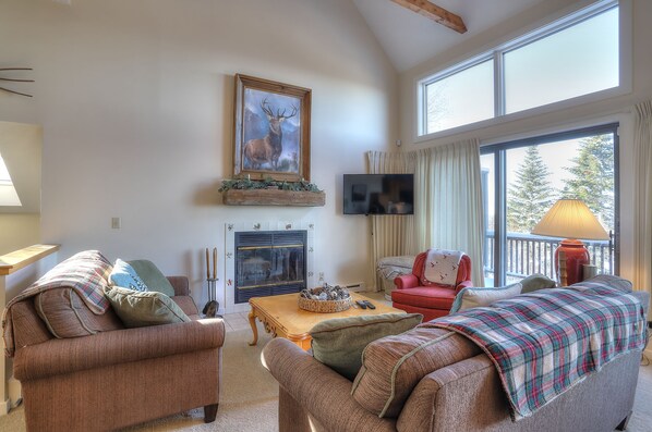 Cozy living room with wood fireplace