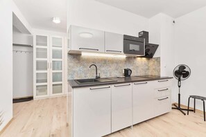 Kitchenette with induction hob, fridge, dishwasher, and microwave.