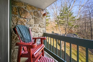 Tall, comfortable glider Adirondack chairs allow you sit and enjoy view.