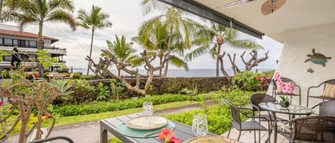 lanai facing garden and pool/ocean view