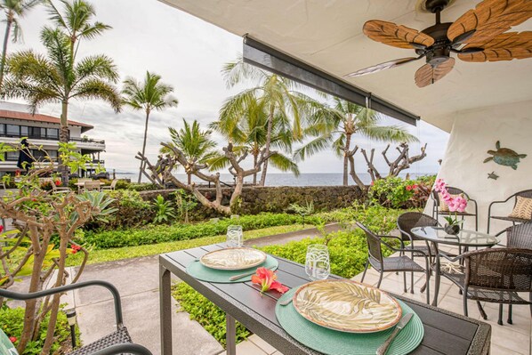 lanai facing garden and pool/ocean view