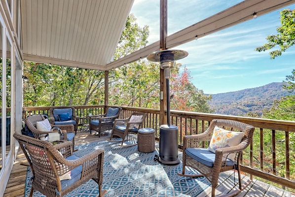 Enjoy a great conversation on our covered deck overlooking the mountains. Come see for yourself how beautiful and relaxing our outdoor space can be!