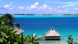 The Over Water Bungalow overlooks the beautiful lagoon of Bora Bora